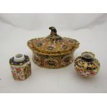 A Royal Crown Derby Imari palette lidded pot of shallow oval form.