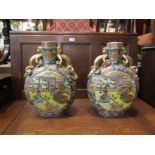 A pair of Satsuma moon flasks with dragon handles,