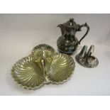 A silver plated cruet stand, a hot water jug,