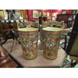A pair of Satsuma well buckets or umbrella stands decorated with Geisha girls,