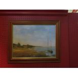 JULIE JOHNSON: 'Low Tide Pinmill' oil on board, framed, signed lower left,