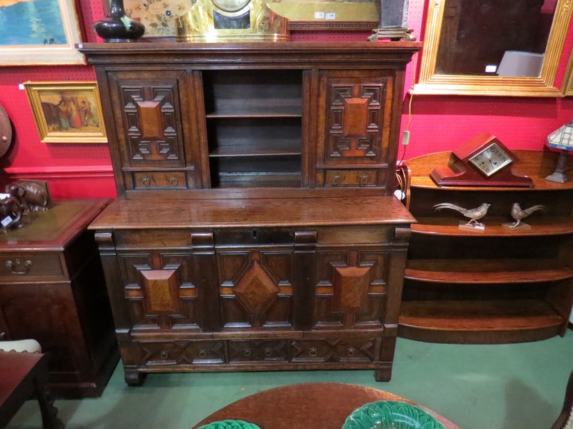 An 18th Century oak and walnut veneer court cupboard with linen fold side panels, - Image 3 of 3