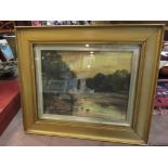 JEAN EMERSON (XIX/XX): An oil on board of fisherman wading out into river, gilt framed,