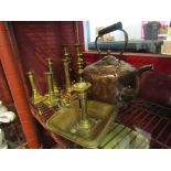 A Victorian copper kettle together with three pairs of brass candlesticks,