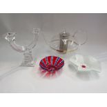 A glass teapot, crystal candle holder,