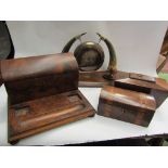 Two 19th Century tea caddies, walnut desk stand and gong,