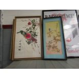 Two Oriental silk pictures and high relief picture,