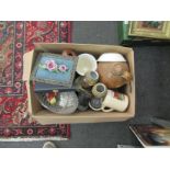 A box containing miscellaneous including crystal vase, Japanese vases, stoneware etc.