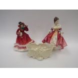 Two Royal Doulton figurines: "Southern Belle" and "Christmas Time" and a Belleek vase (3)