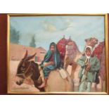A 20th Century oil on canvas, middle Eastern School, woman riding a donkey with man leading a camel.