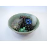 A bowl of Chinese Peking glass beads, jadeite bowl,