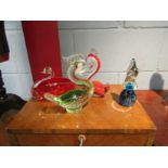 Four art glass animals including swan form dish and ducks