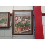 Two oils depicting potted pink geraniums,