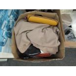 A box of vintage costume and accessories including ostrich feather fan and embroidered table runner