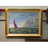 An oil on canvas, sailing vessel off coastal waters. Indistinctly signed bottom left and dated '93.