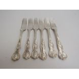 A set of six Edwardian silver King's pattern dessert forks. London 1905, 1906 & 1907.