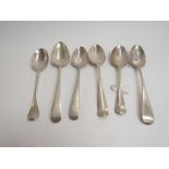 A Georgian silver Rat-Tail pattern table spoon and five various Georgian Old English pattern