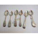 Three various silver Fiddle pattern dessert spoons and a plated example.