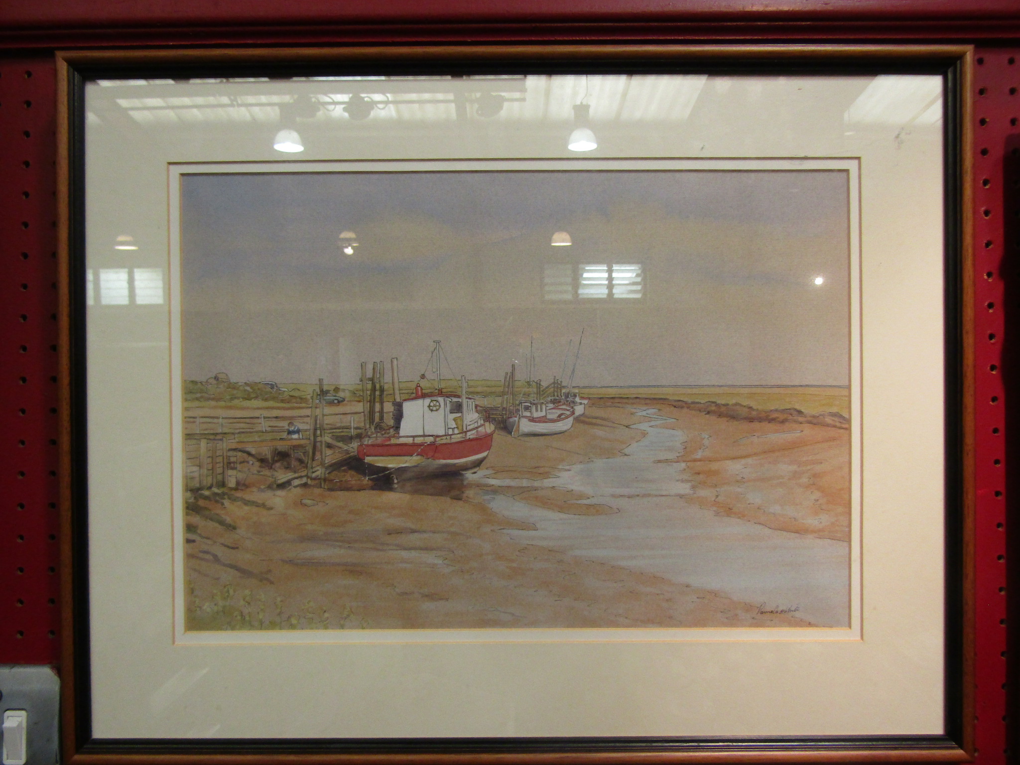 PAMELA WHITE: North Norfolk fishing boats at low tide, watercolour, signed lower right,