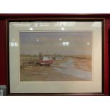 PAMELA WHITE: North Norfolk fishing boats at low tide, watercolour, signed lower right,