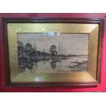 A carved oak framed and glazed signed engraving depicting riverside village scene from 'London