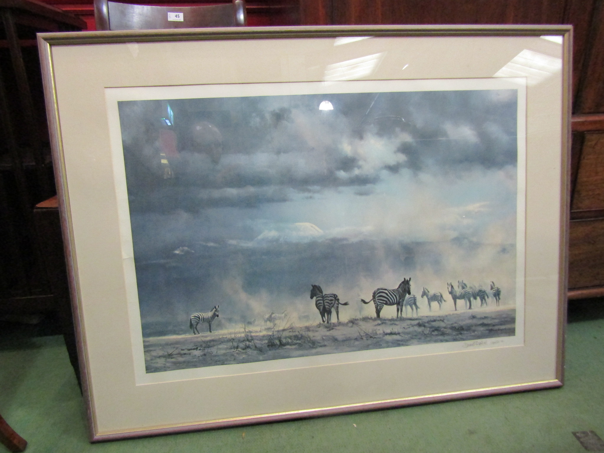 After David Shepherd, print depicting zebras in African Plain entitled "Storm over Amboseli",