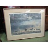 After David Shepherd, print depicting zebras in African Plain entitled "Storm over Amboseli",