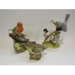 A Ducks Unlimited Kentucky Bourbon Whiskey bottle and three Crown Staffordshire bird figures (4)