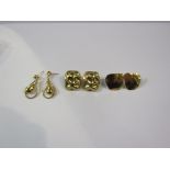 Three pairs of 9ct gold earrings including modernistic design and drop examples, 9.