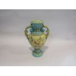 Juluis Greiner and Sohn, Austrian Majolica, twin handle vase, turquoise ground, birds and flowers,