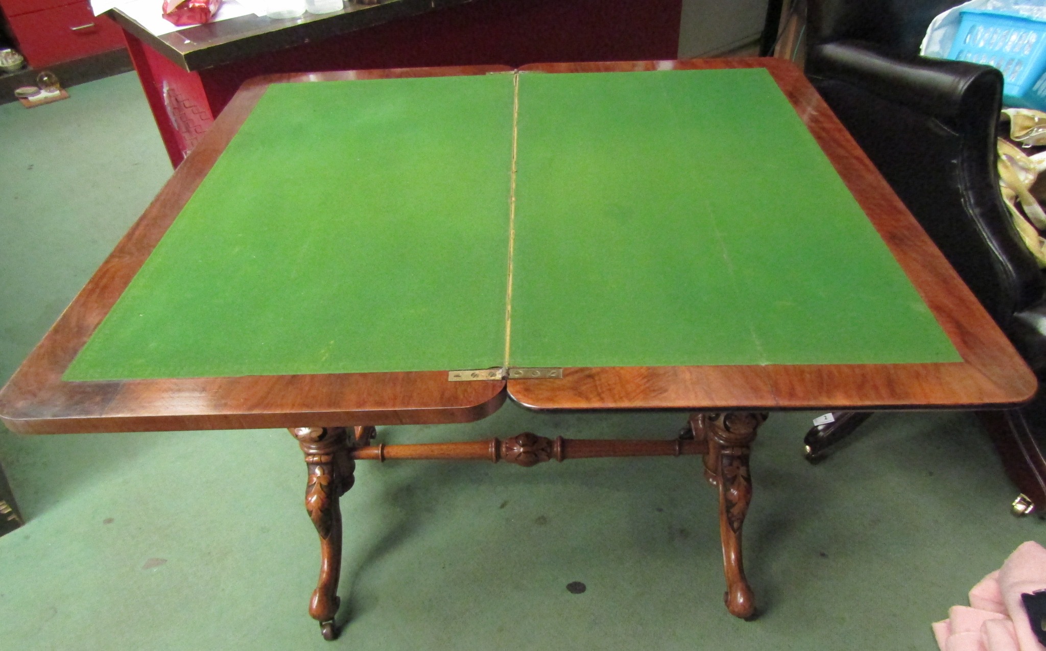 Stamped "Maple & Co" a burr walnut circa 1860 card table on turned and carved base with ceramic - Image 2 of 2