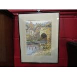 A watercolour depicting riverside city scene, details verso, framed and glazed,