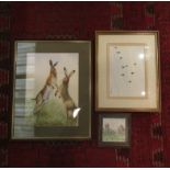 Three watercolours including P Welch boxing Hares,