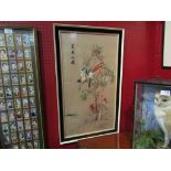 A silk picture of birds, framed and glazed,