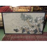 A large silk picture of cranes in tree, framed and glazed,