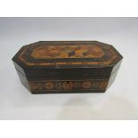 A Victorian Tunbridge ware box with T.Barton retailers label to base, wear to edges, 6cm x 21.