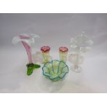 Five pieces of 19th Century vaseline glass including trumpet stem vases