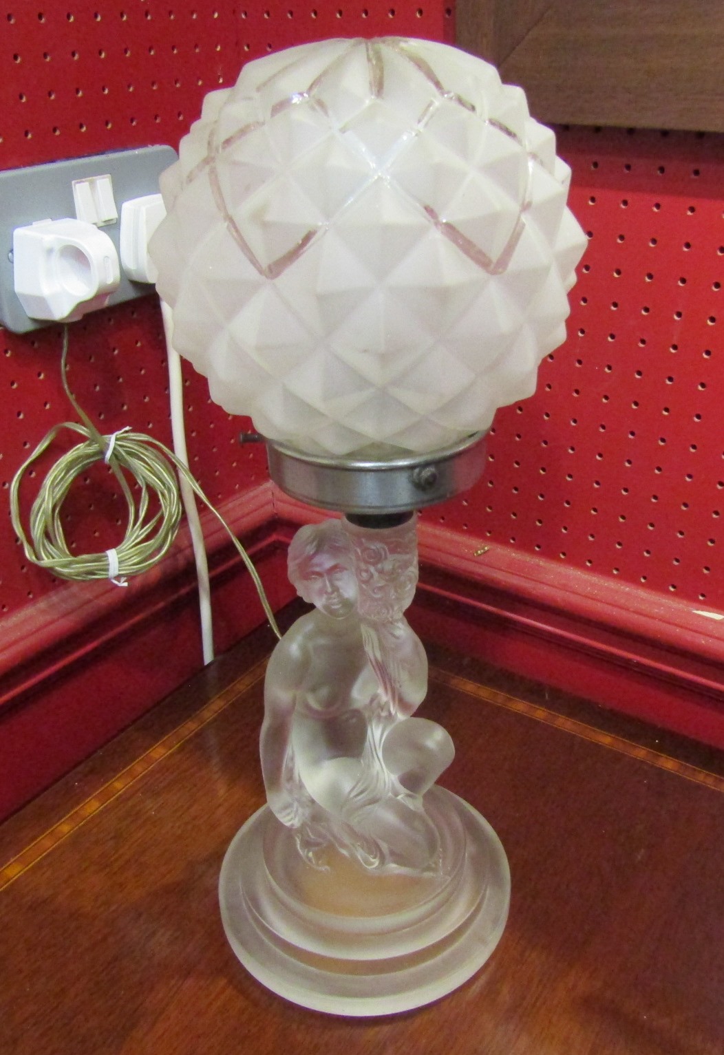 An Art Deco 1930's frosted glass lamp in the form of a kneeling lady with globular glass shade, - Image 2 of 2
