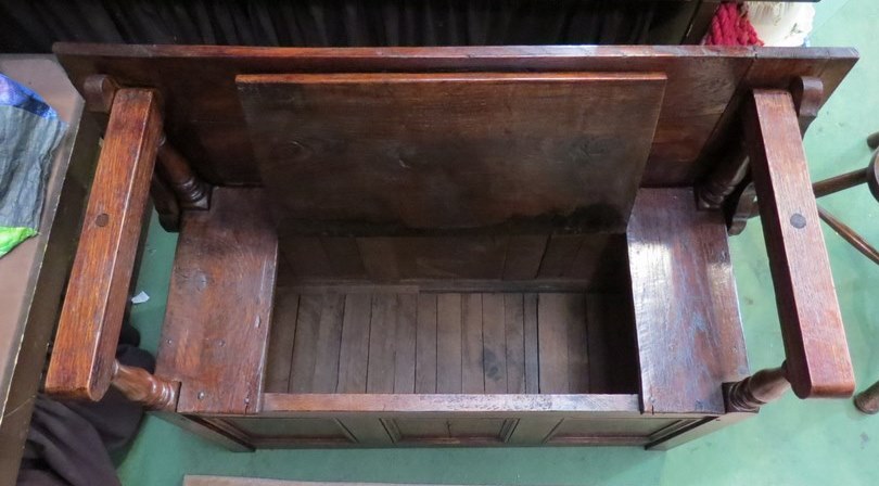 An 18th Century revival oak Monks bench the drop down table top over a hinged seat box seat settle - Image 3 of 3