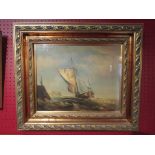 An oil on canvas of boat coming into port, gilt framed and glazed,