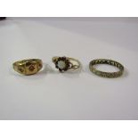 Three rings including 9ct gold ruby and seed pearl (split) paste set eternity ring and opal and