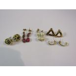 Five pairs of various earrings including pearl drops, multitone gold "knot" studs,