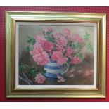 DUVAL (XX): An oil on canvas of pink roses in jug, framed, signed lower right,