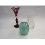 A Victorian paperweight etched ruby glass trumpet vase and French exhibition glass