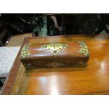 A walnut and brass mounted sewing/glove box with two pairs of lady's gloves