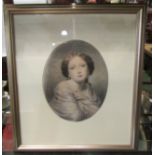 A print depicting young lady in oval mount,