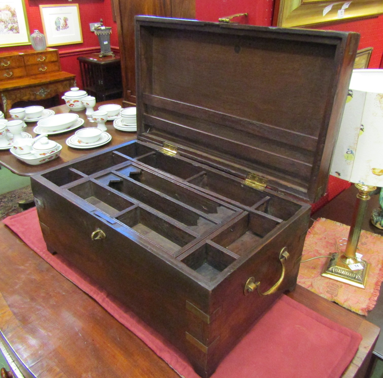 A brass inlaid workbox with fitted interior and lift-out tray having brass carrying handles - Image 2 of 2