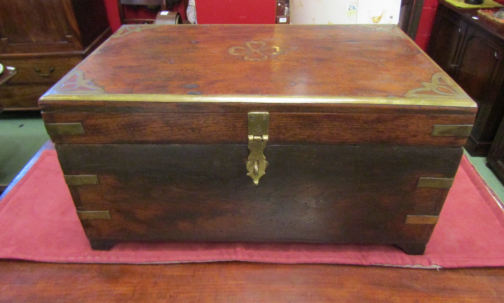 A brass inlaid workbox with fitted interior and lift-out tray having brass carrying handles