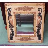 A painted framed wall mirror decorated with females and decorative motifs,