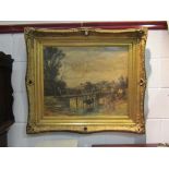 A highly ornate gilt frame with distressed oleograph of cattle crossing a river,